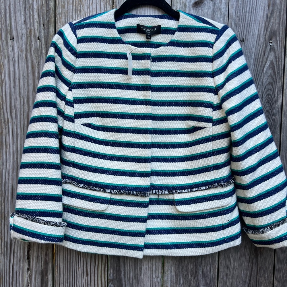 TALBOTS Tweed White Navy Jade Green Stripe Blazer Women’s 2P NWT NEW - Picture 5 of 16